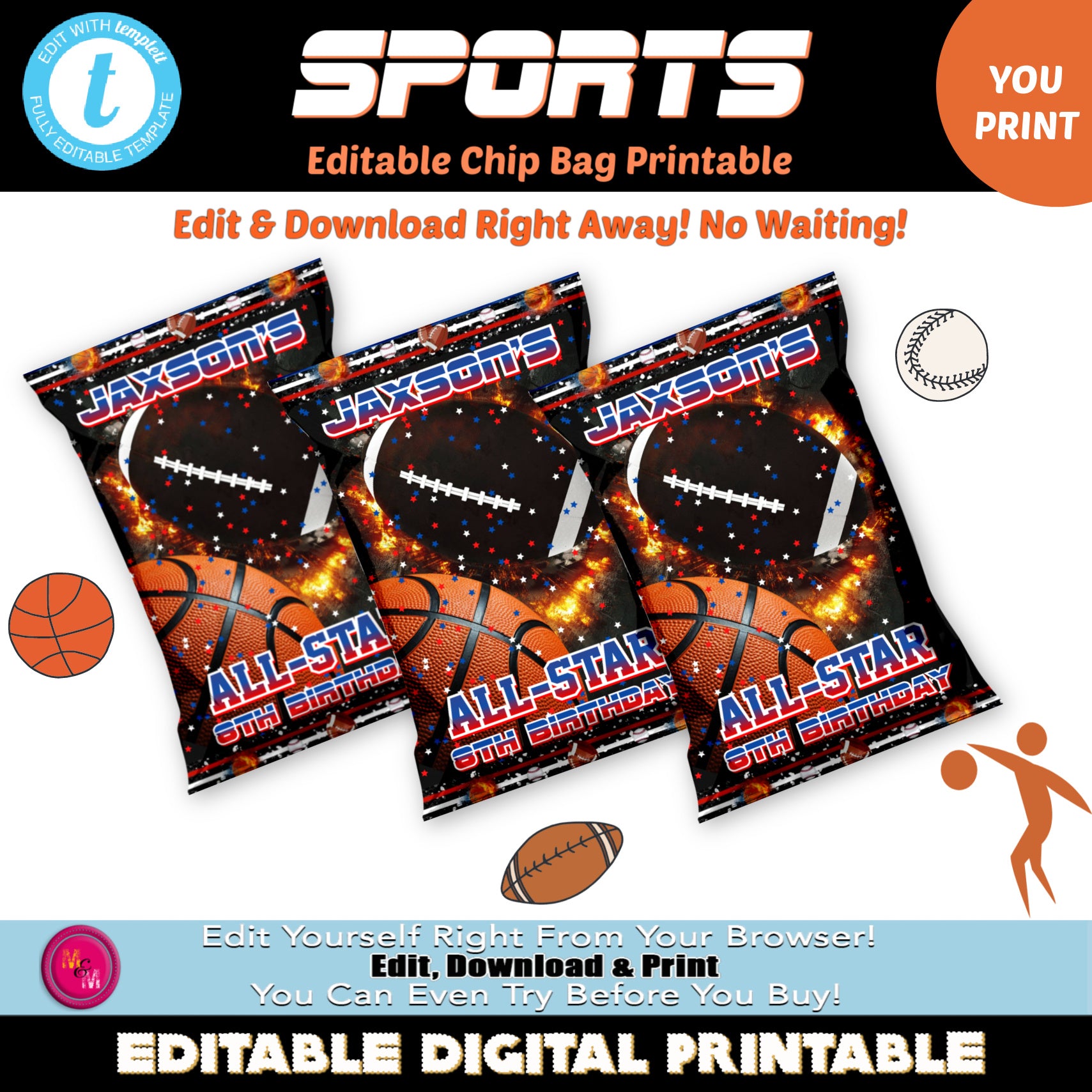 Editable Sports Chip Bag, Basketball & Football Chip Bag Template, Sports Themed Chip Bag