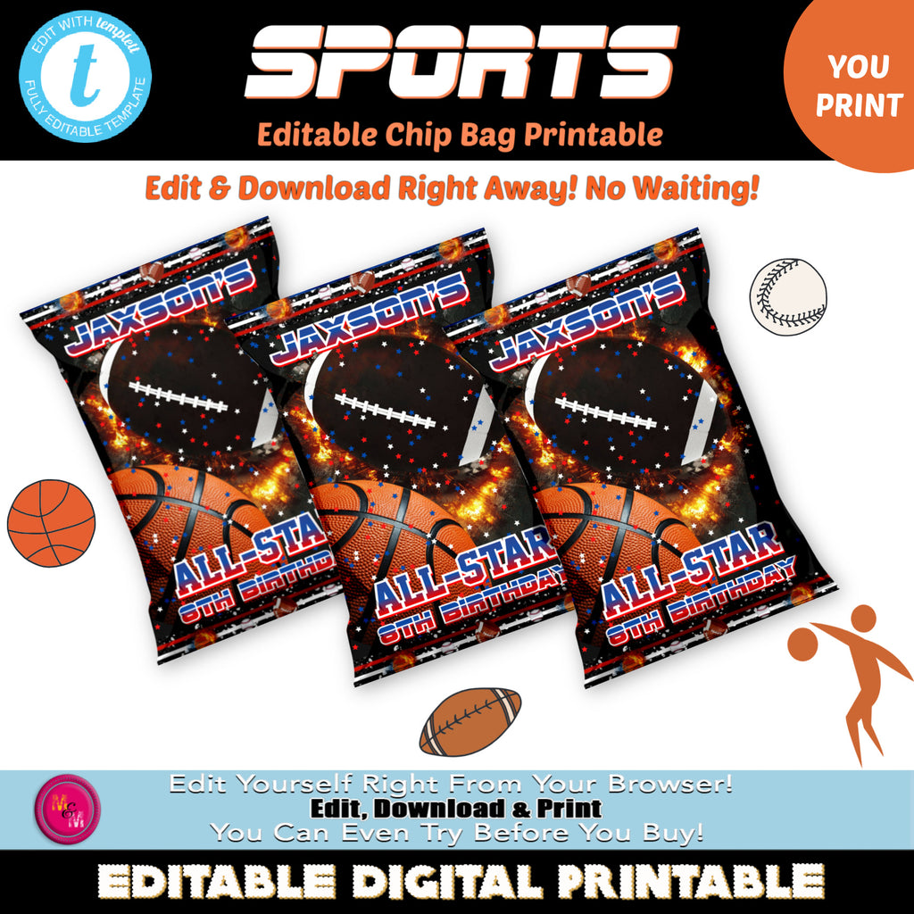 Editable Sports Chip Bag, Basketball & Football Chip Bag Template, Spo