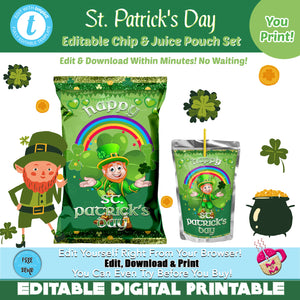 St. Patrick's Day Chip Bag & Juice Pouch Set, St. Patty's Day Chip Bag, St. Patrick's Day Templates