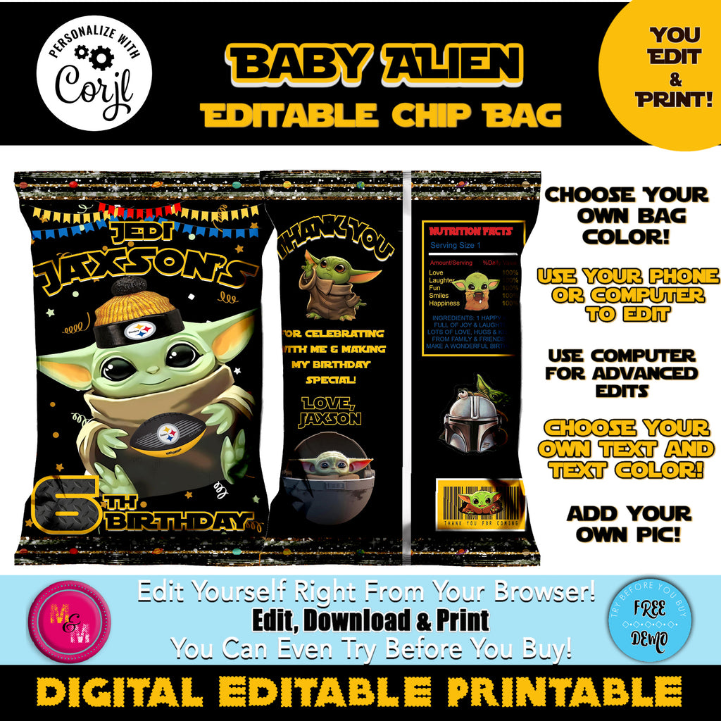 Editable Football Baby Alien Chip Bag, Baby Alien Party Favors Template