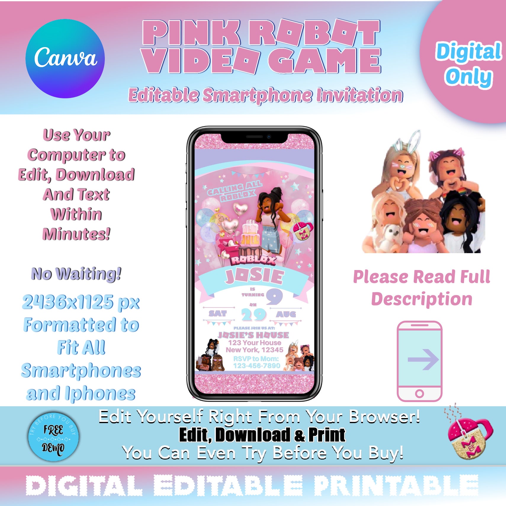 Pink Robot Smartphone Invitation | Pink Roblox Mobile Phone