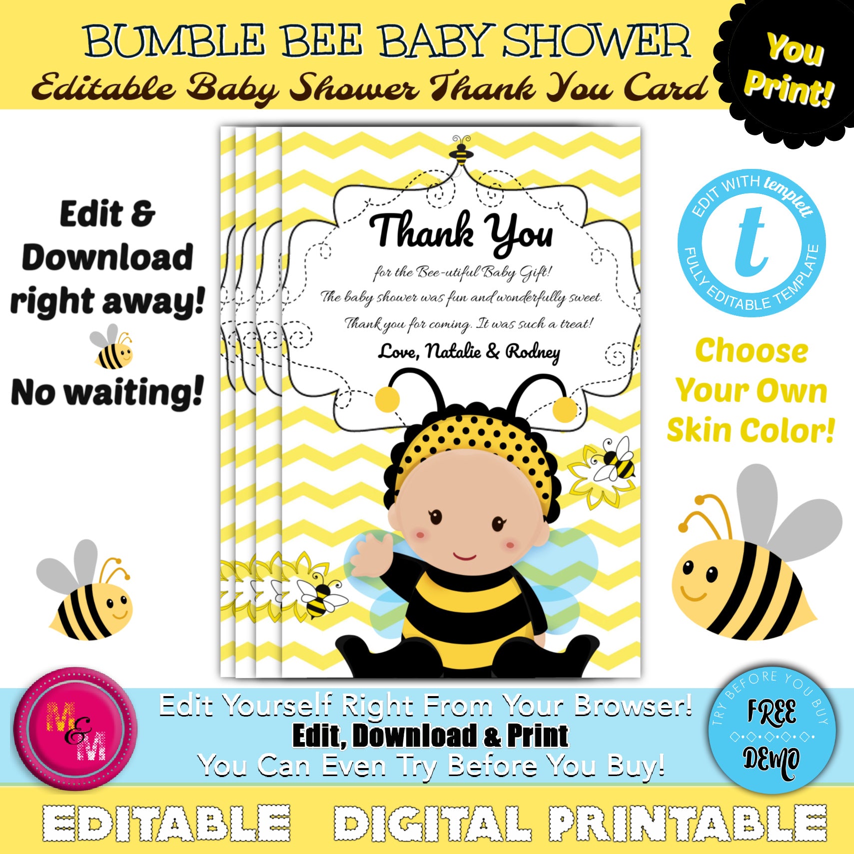 Editable Bumblebee Baby Shower Thank You Card Invitation Printable