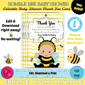 Editable Bumblebee Baby Shower Thank You Card Invitation Printable