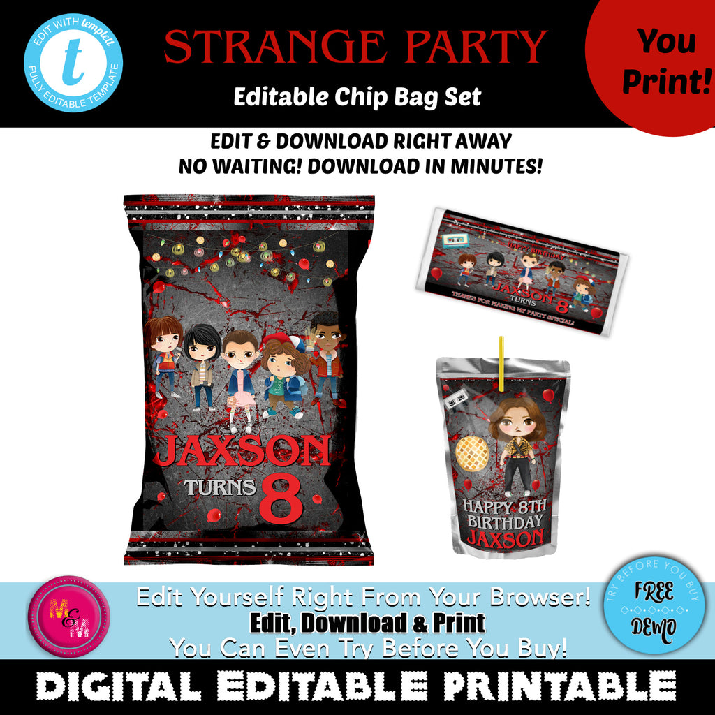 Editable Strange Party Chip Bag & Juice Pouch Set, Strange Party Party, Strange Party Printables, Strange Party Capri Sun Labels