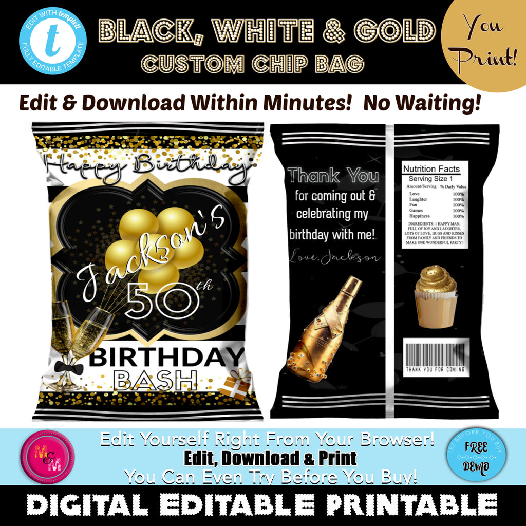 Editable Adult Black and White Party Favors Chip Bag