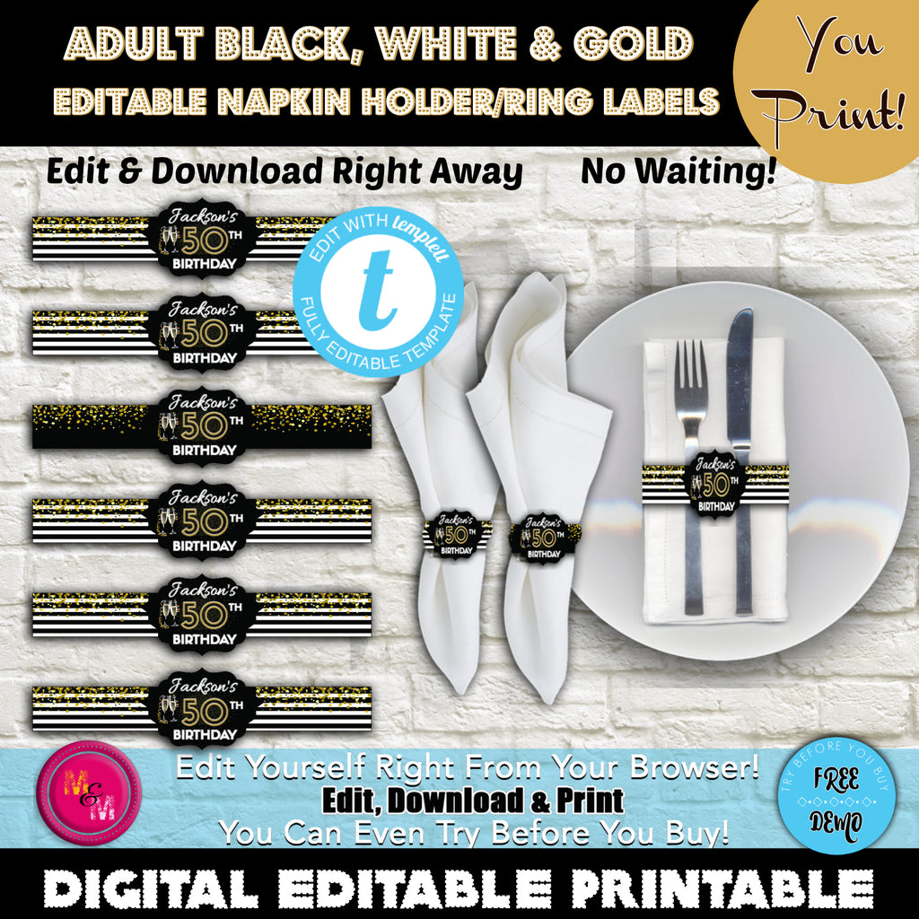 Editable Black, White and Gold Birthday Party Napkin Holder Labels, Bl ...
