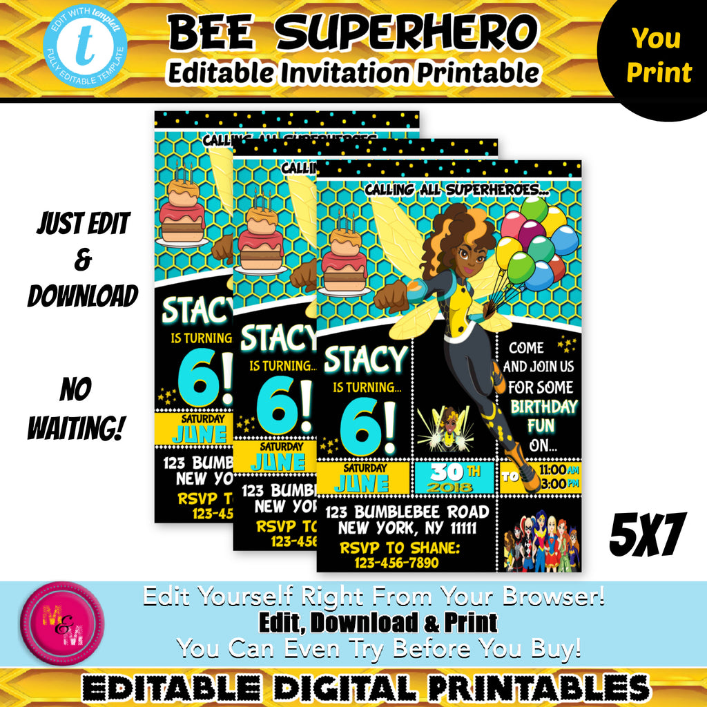 Editable Bee Superhero Invitation Printable  Superhero Girls Party