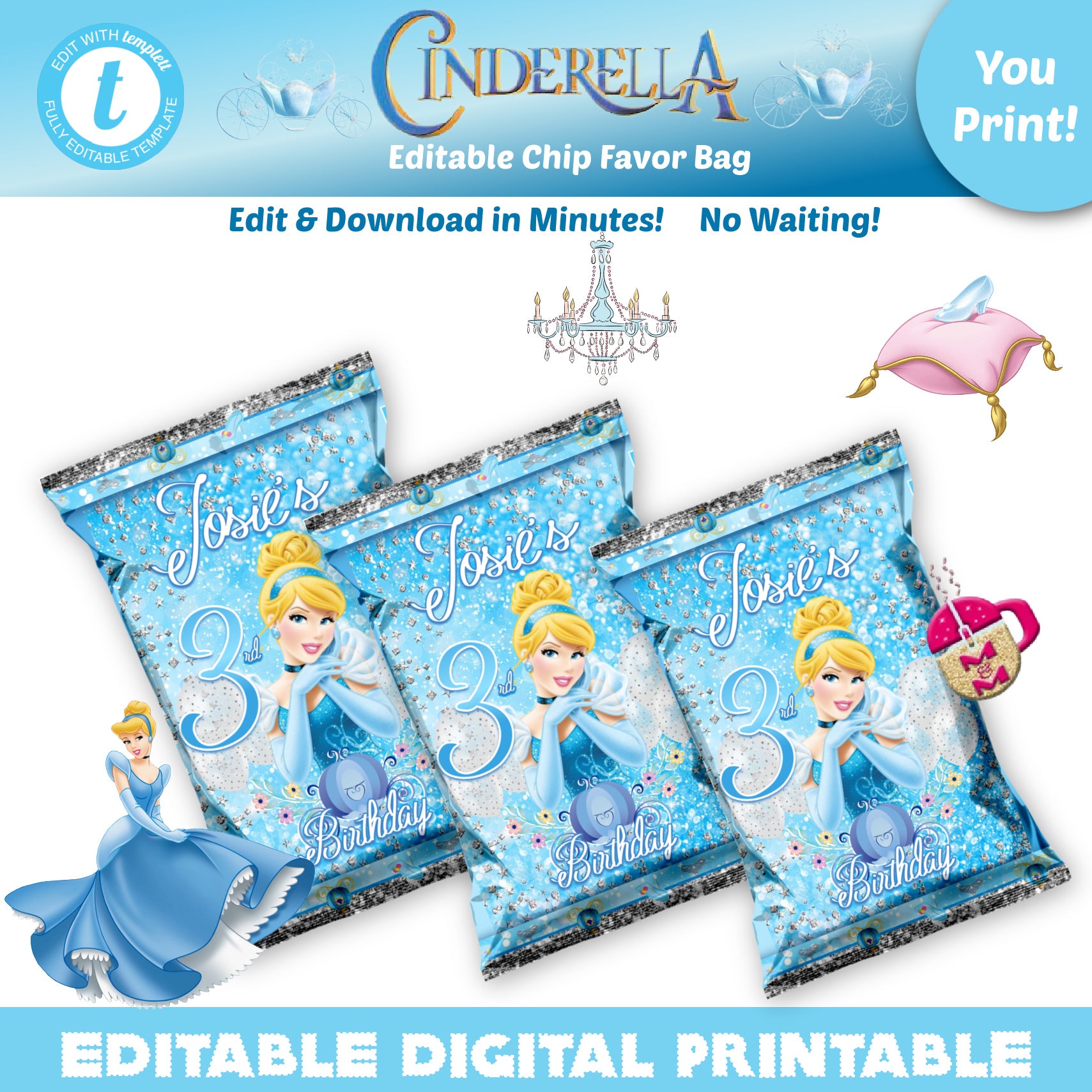 Editable Cinderella Chip Bag, Cinderella Treat Bag, DIY Princess Goodie Bag