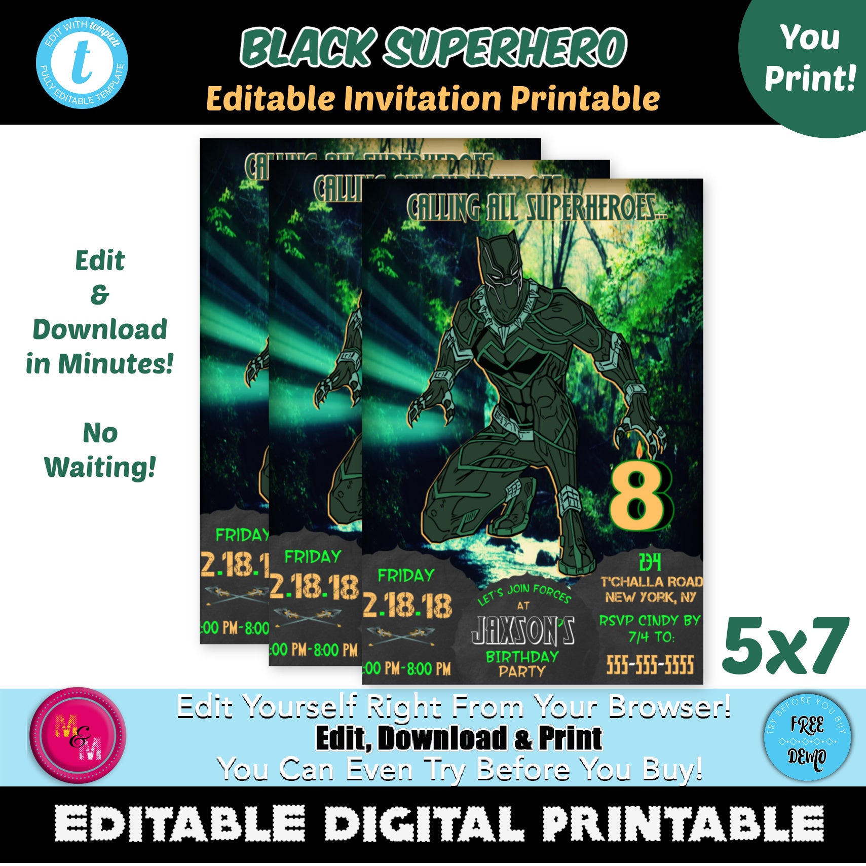 Editable Green Black Superhero Invitation Printable, Superhero Invitation