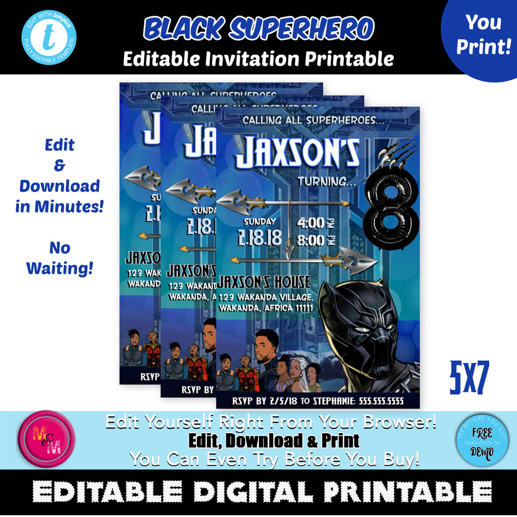 Editable Blue Black Superhero Invitation Printable, Superhero Party