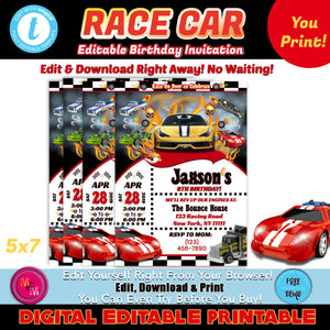 Editable Race Car Party Invitation, Racing Party Printables