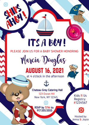 Editable Nautical Ships Ahoy Baby Shower invitation,  Sailor Baby Shower, Boy Shower, Bear Invitations
