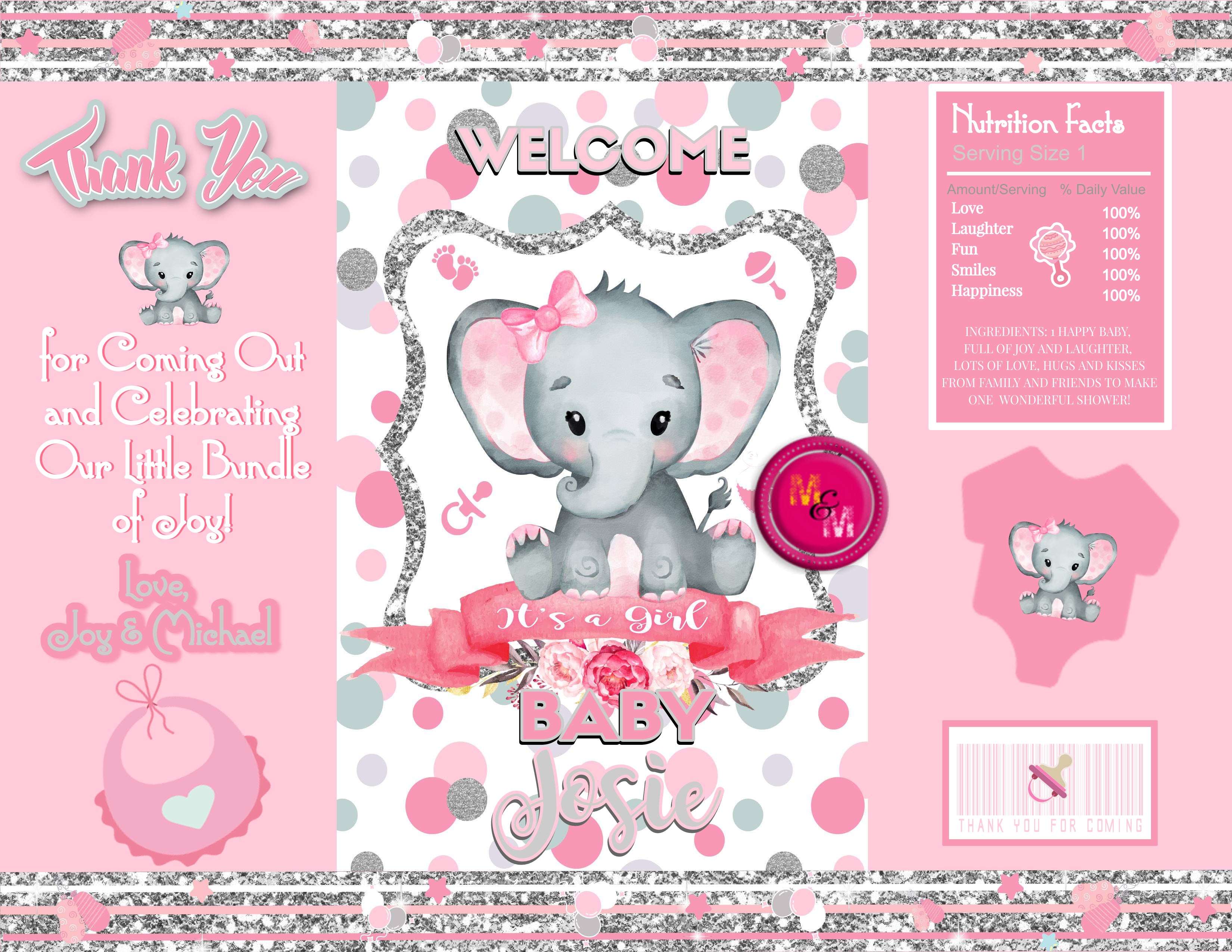 Editable Pink Lil Peanut Elephant Baby Shower Chip Bag Set, Elephant Water Bottle and Candy Bar Wrappers