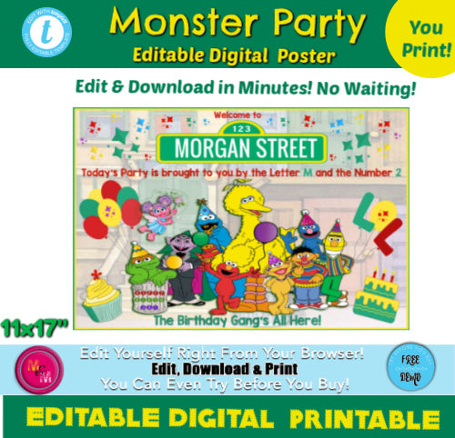 Editable Monster Birthday Printable Poster, Monster Birthday Sign