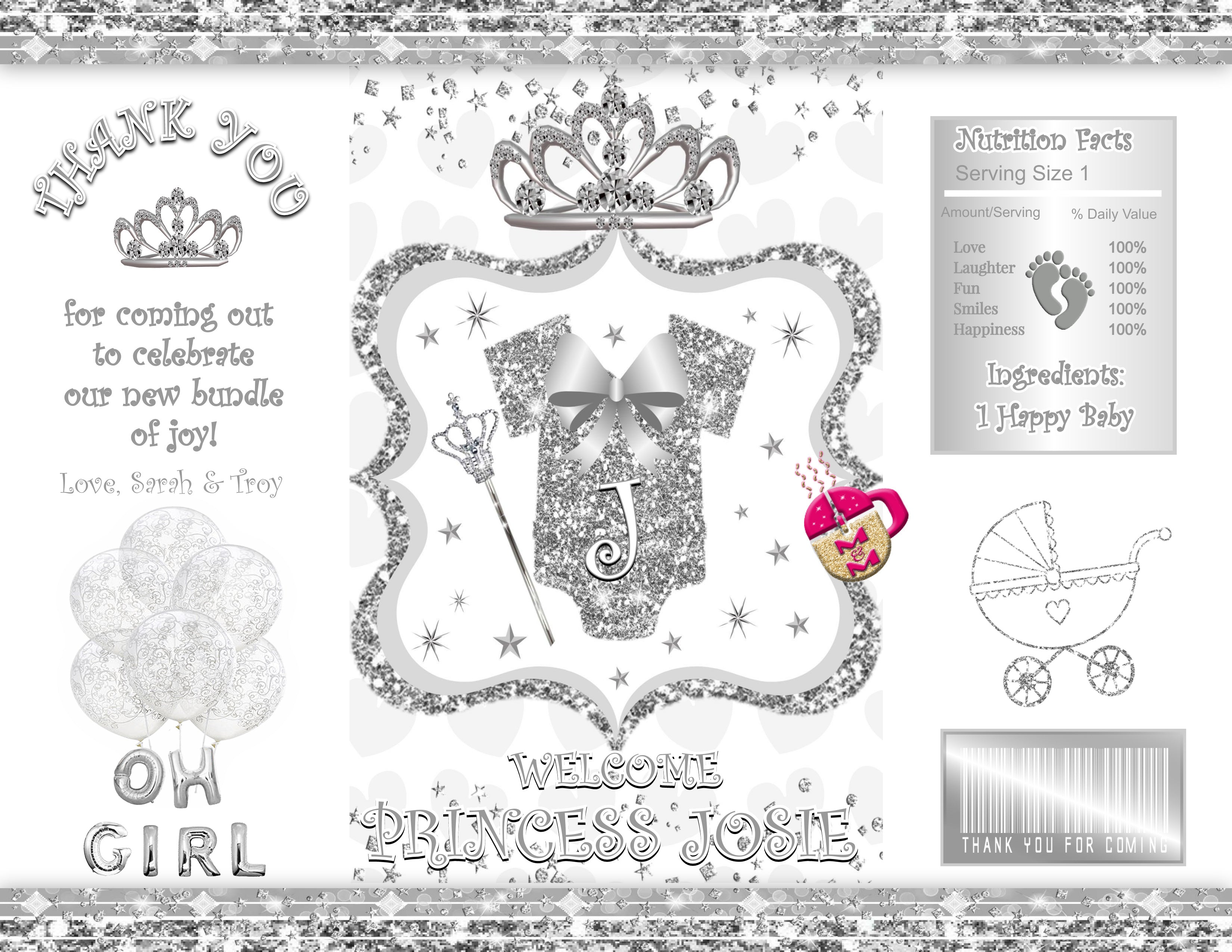 Editable Silver & White Royal Princess Baby Shower Chip Bag & Juice Pouch Set, Baby Princess Party Favors