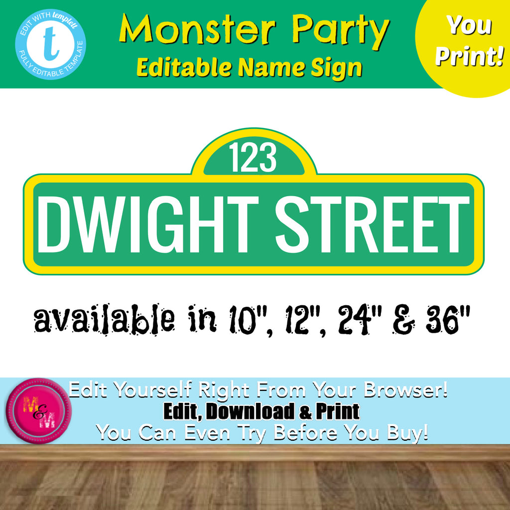 Editable Monster Party Name Sign Printable, Monster Customized Name Sign, Sesame, 10",12", 24",36"