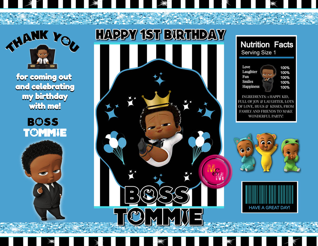 Editable Blue Boss Party Birthday Chip Bag Set & Juice Pouch Set, Brow ...