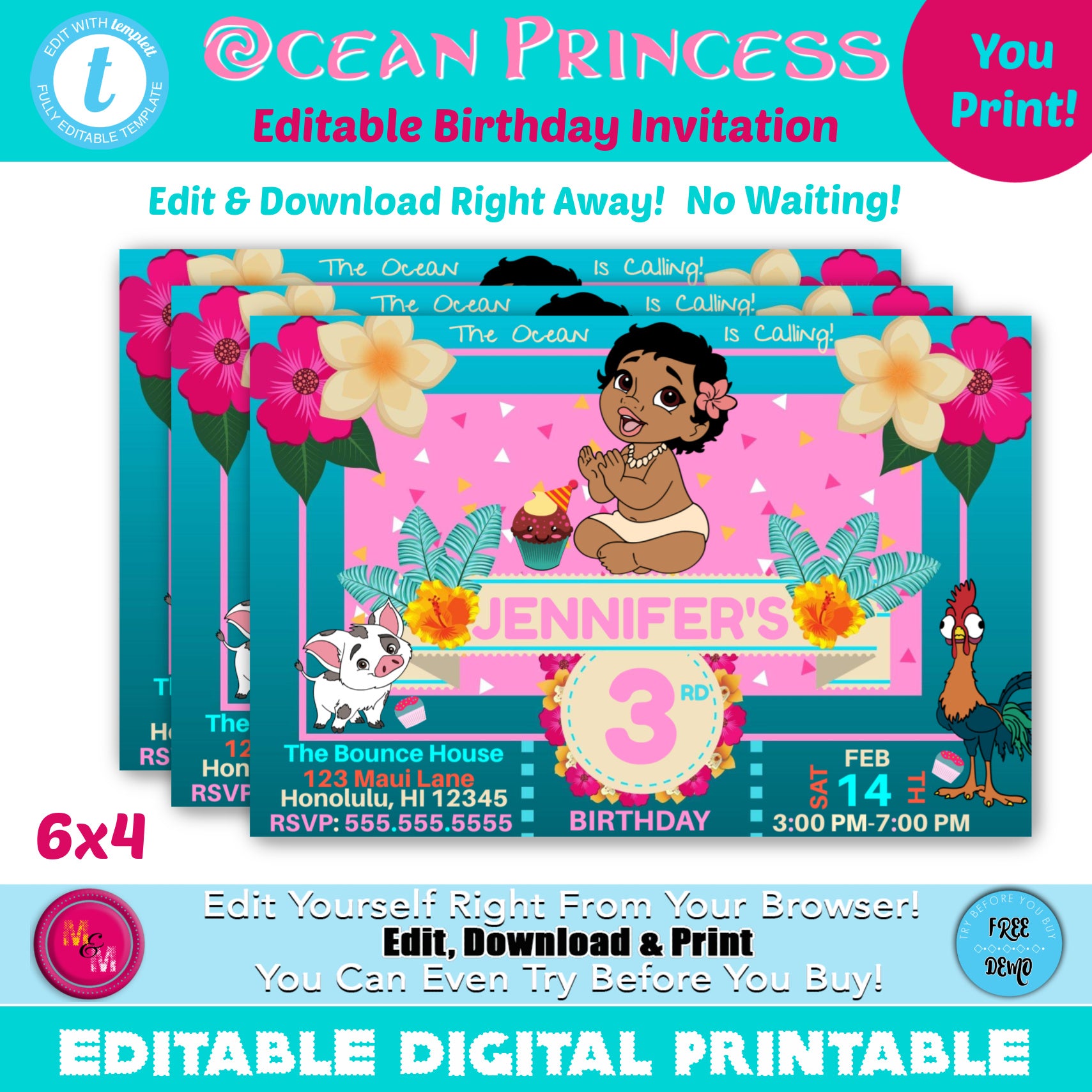 Editable Ocean Princess Birthday Party Invitation, Ocean Princess Birthday Invite