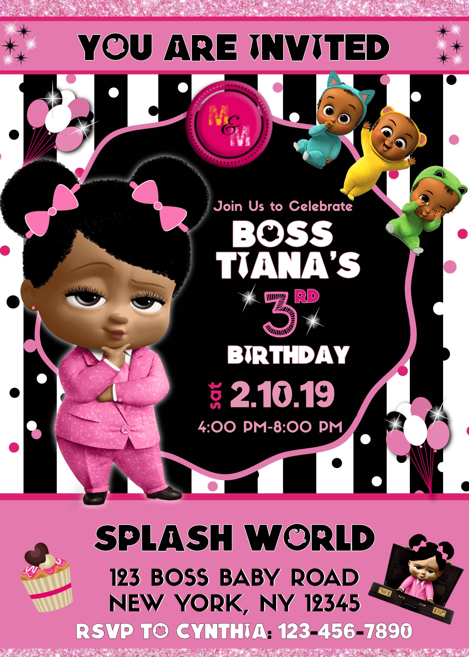 Editable Pink Black Boss Party Invitation Printable, Girl Boss Invite