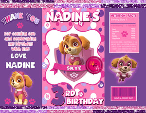 Editable Pink Pup Party Birthday Chip Bag  & Juice Pouch Label Set, Puppy Chip Bag, Puppy Printables
