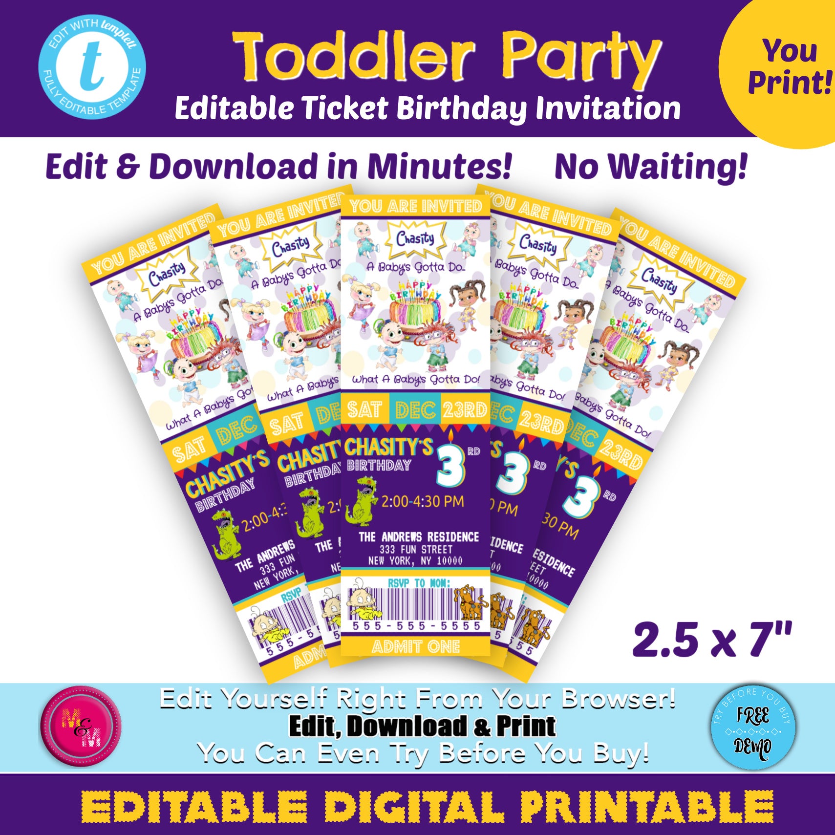 Editable Toddler Birthday Ticket Invitation, Toddler Invite