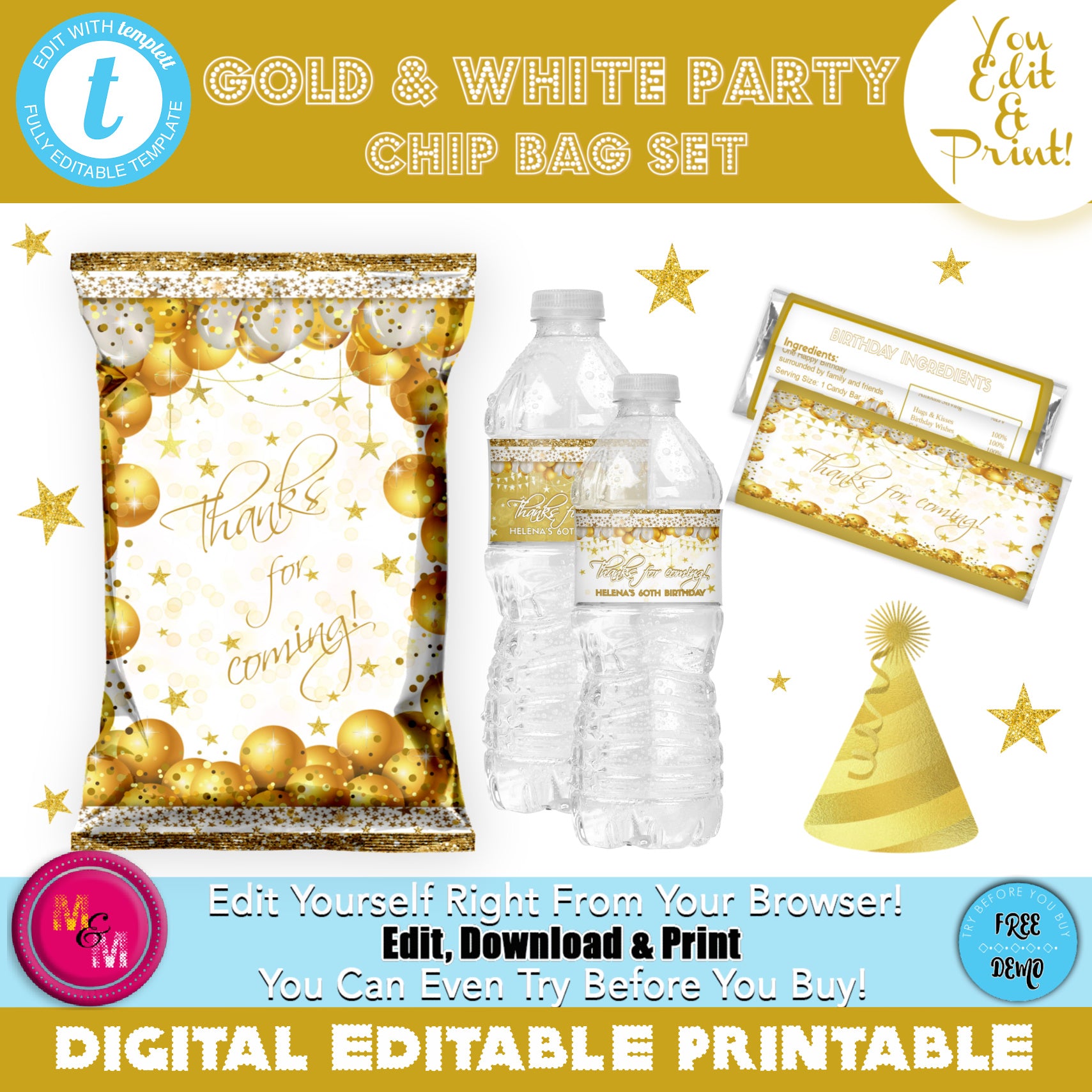 Editable White & Gold Chip Bag & Candy Bar Wrappers Set, White & Gold Party Favors, White & Gold Decorations