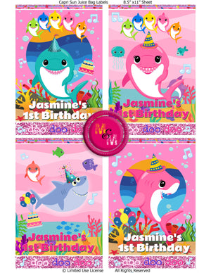 Editable Pink shark party Birthday Chip Bag Set & Juice Pouch Set, shark party Capri Sun Labels,shark party Chip Bag,Shark Birthday Printables