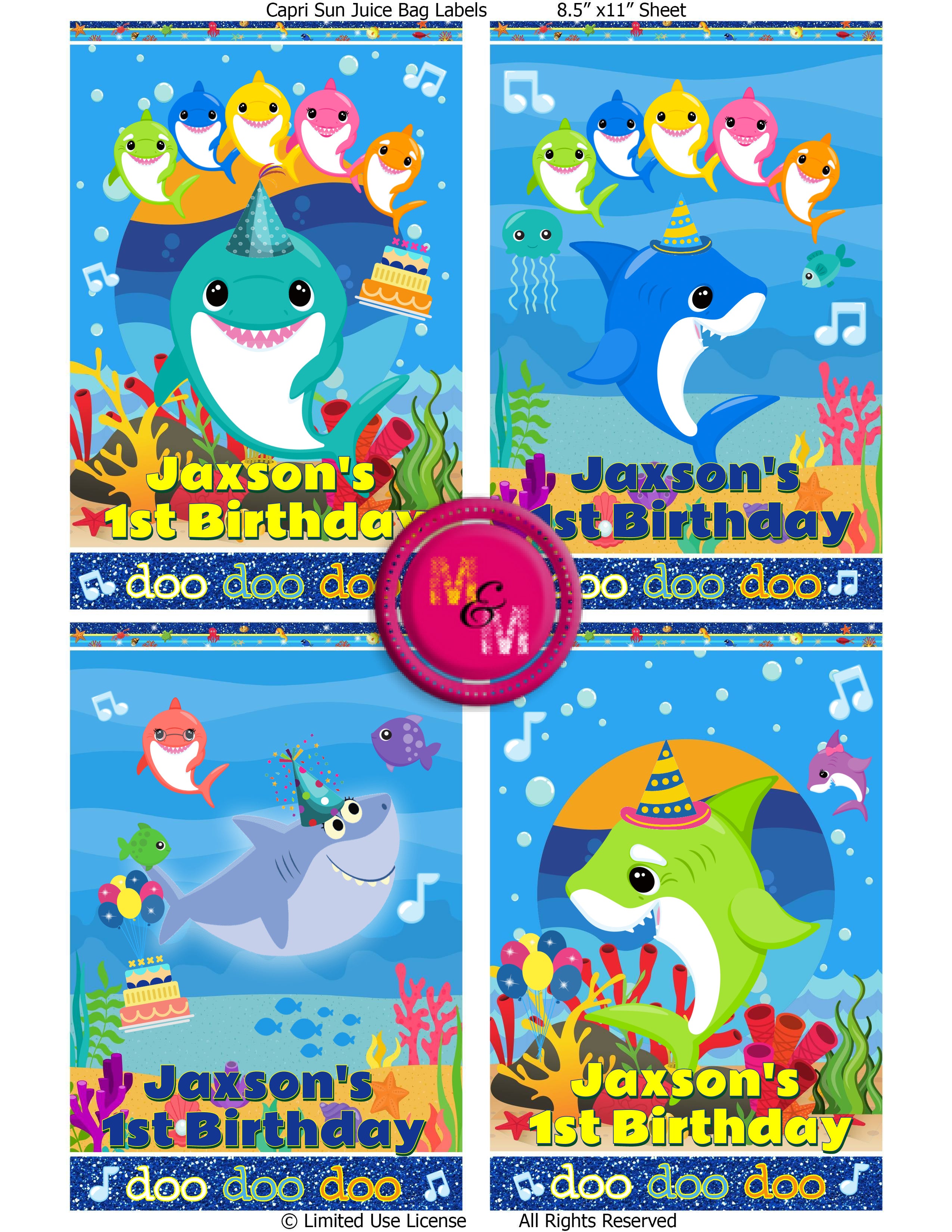 Editable shark party Chip Bags & Juice Pouch Set, shark party Printables