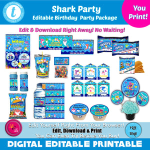 Editable shark party Birthday Printable Package shark party Birthday Party Kit, shark party Party Bundle, shark party Printables Set