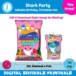 Editable Pink shark party Birthday Chip Bag Set & Juice Pouch Set, shark party Capri Sun Labels,shark party Chip Bag,Shark Birthday Printables