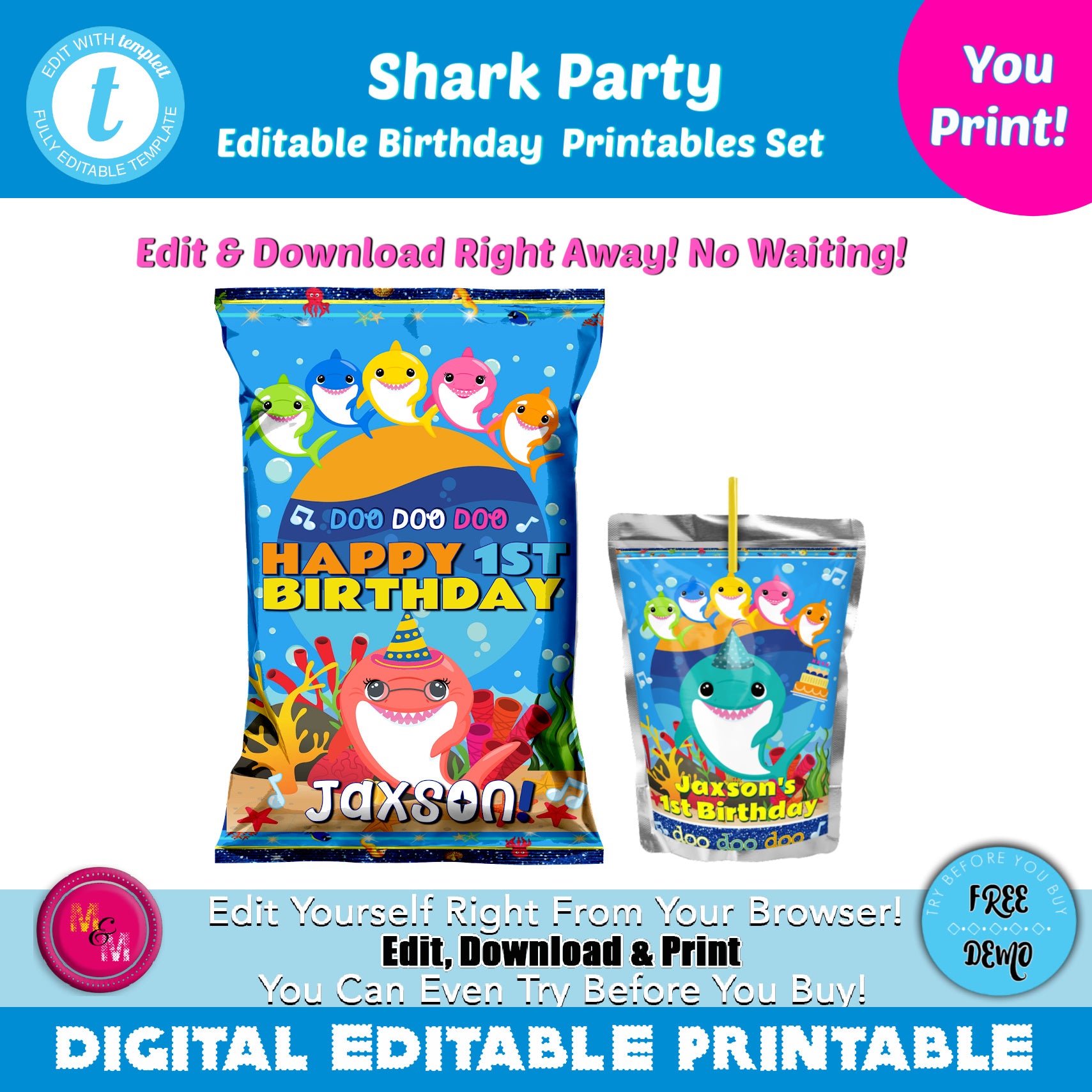 Editable shark party Chip Bags & Juice Pouch Set, shark party Printables