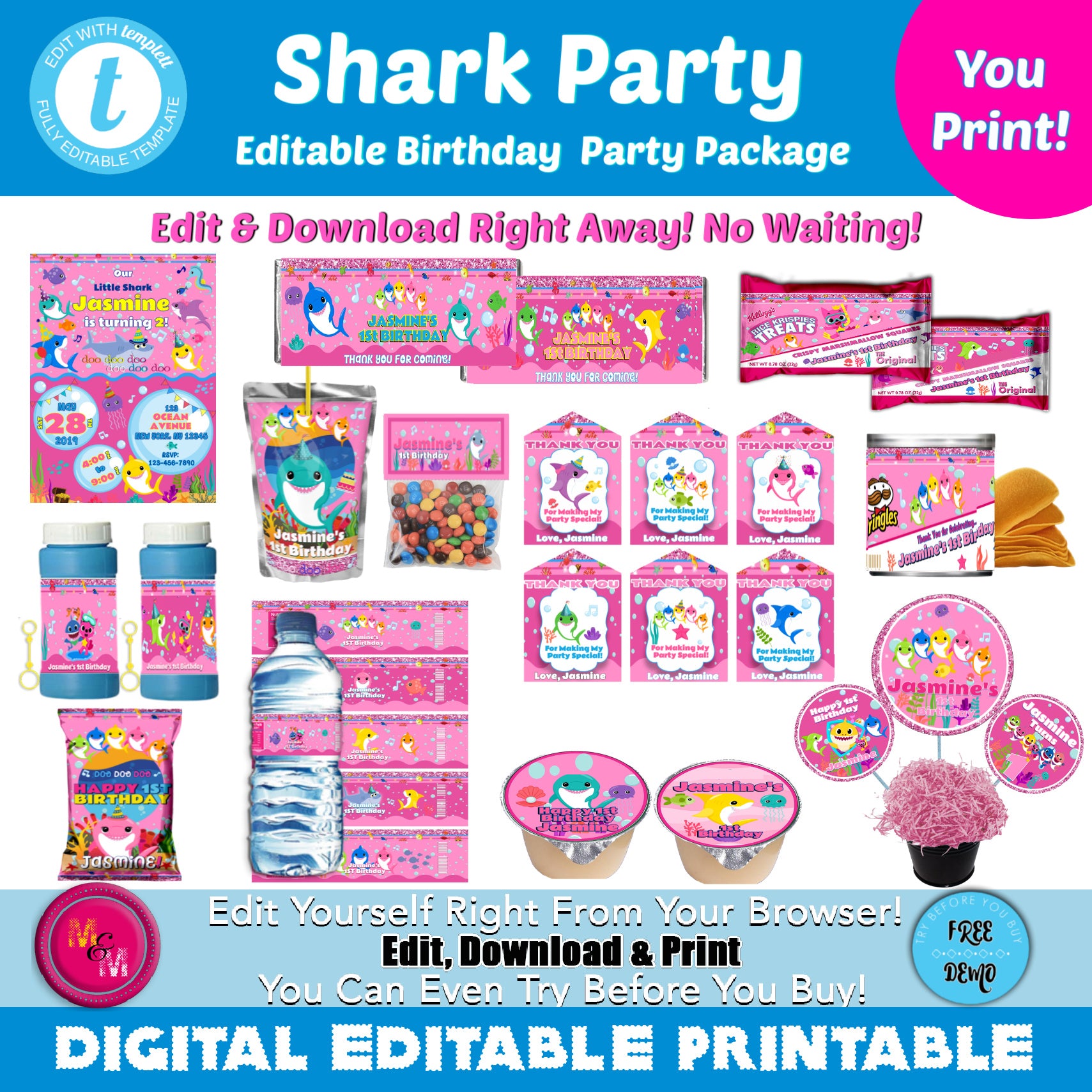 Editable Pink Shark Party Birthday Party Bundle, Pink Shark