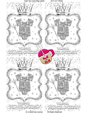 Editable Silver & White Royal Prince Baby Shower Chip Bag & Juice Pouch Set, Baby Prince Party Favors