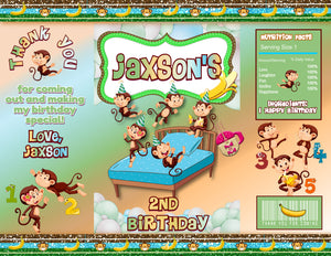 Editable 5 Little Monkeys Jumping on the Bed Chip Bag & Juice Pouch Set, Five Monkeys Party Favors, First Birthday Party Favors
