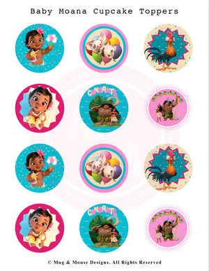 Baby Moana Cupcake Toppers, Baby Moana Party, Maui Party - mugandmousedesigns