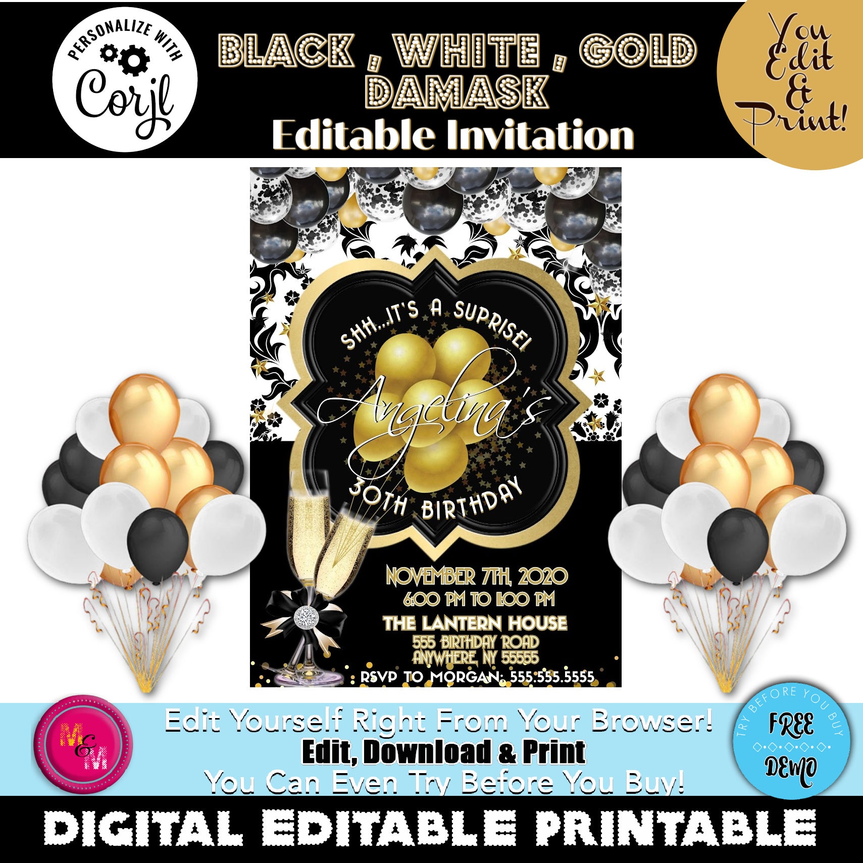 Editable Black, White & Gold Damask Invitation