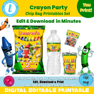 Editable Crayon Chip Bag Set Mini Bundle, Crayon Party Favors