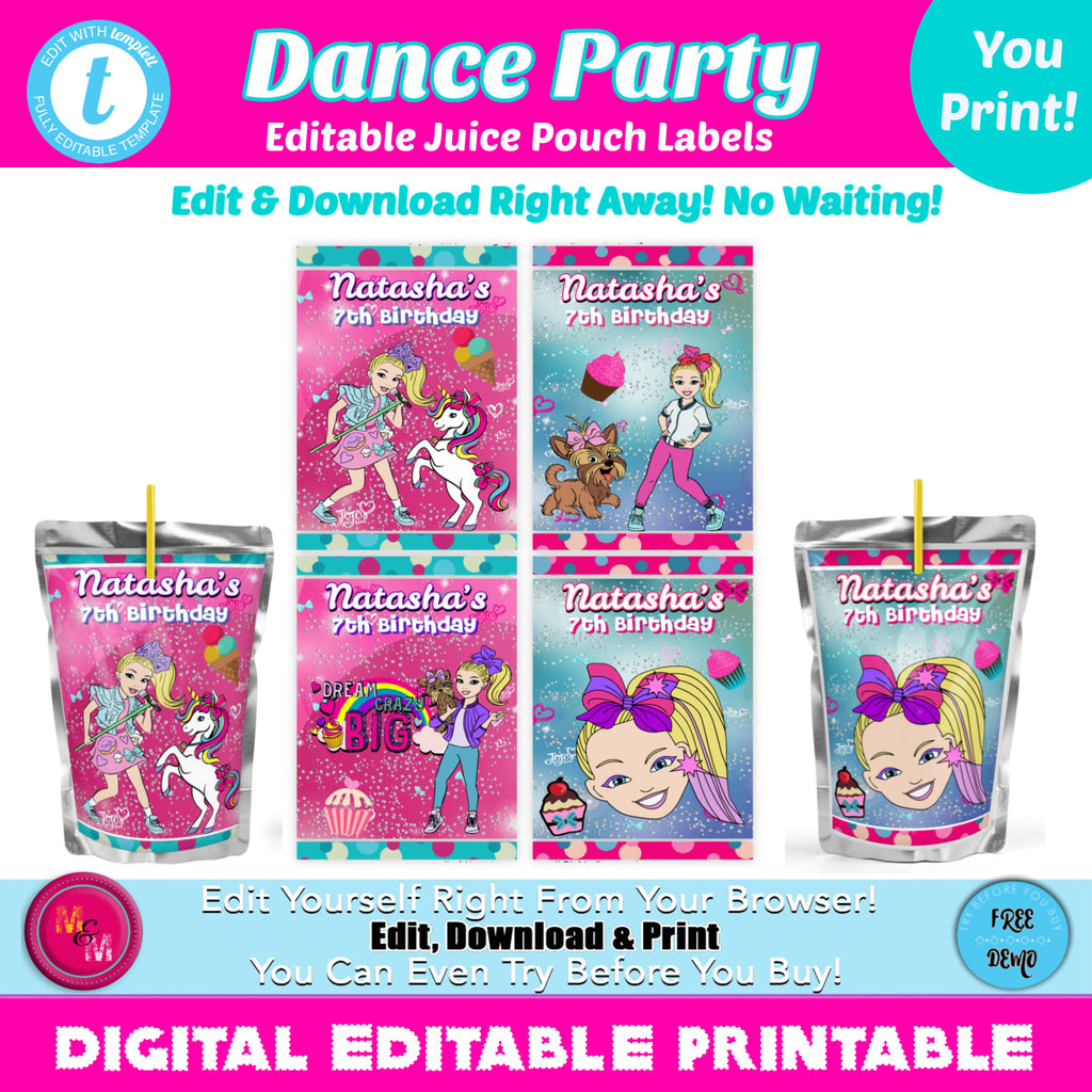 Editable Dance Party Capri Sun Juice Pouch Labels Printable, Dance Party Juice Pouch Labels, Dance Party Kool-Aid Juice Pouch Labels, DIY Prin