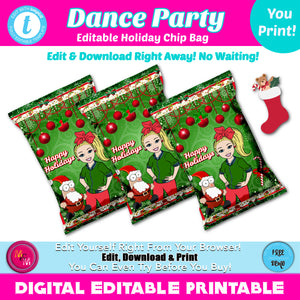 Editable Dance Party Holiday Chip Favor bags,  Christmas favor bags, Printable Holiday favor bag, Dance Party Holiday Gift  Bags, Favor Bags