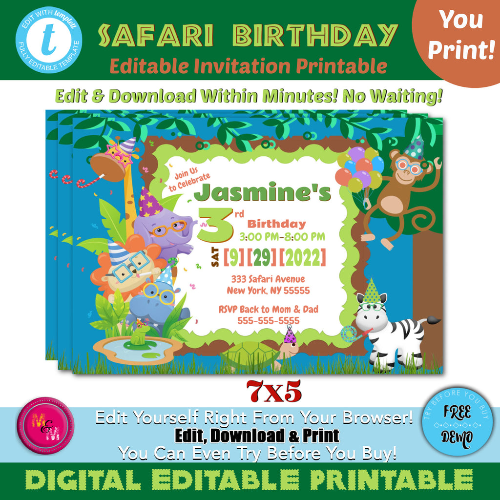 Editable Safari Jungle Birthday Invitation Printable, Safari Invite, Safari Jungle Birthday Invitation, Safari Birthday Party