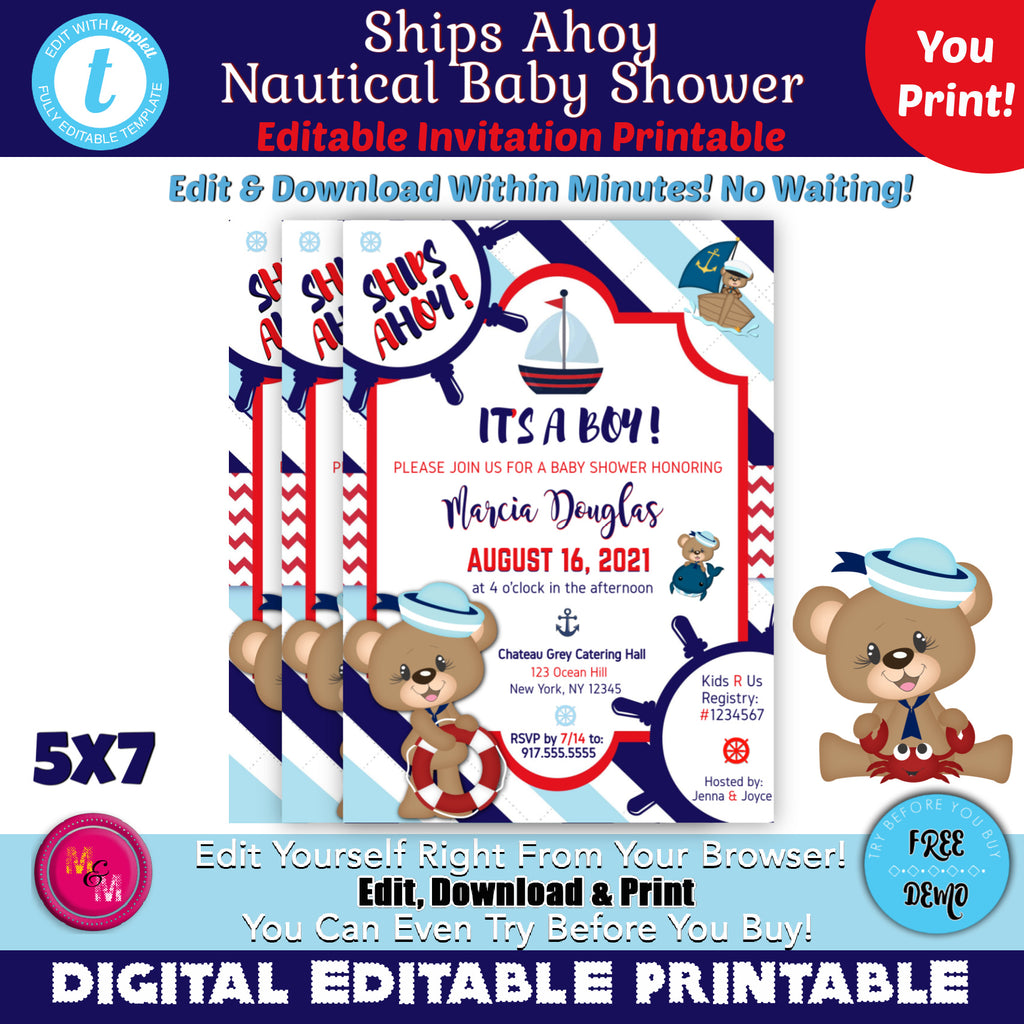 Editable Nautical Ships Ahoy Baby Shower invitation,  Sailor Baby Shower, Boy Shower, Bear Invitations