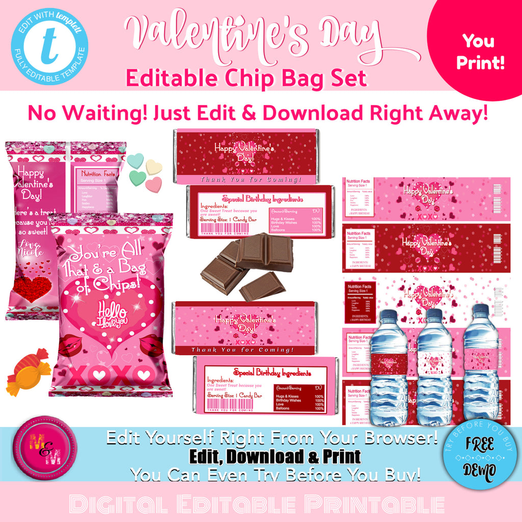 Editable Valentine's Day Chip Favor Bag Set, Personalized Valentine's Day Favors Set, Edit with Templett, Valentine Candy Bags