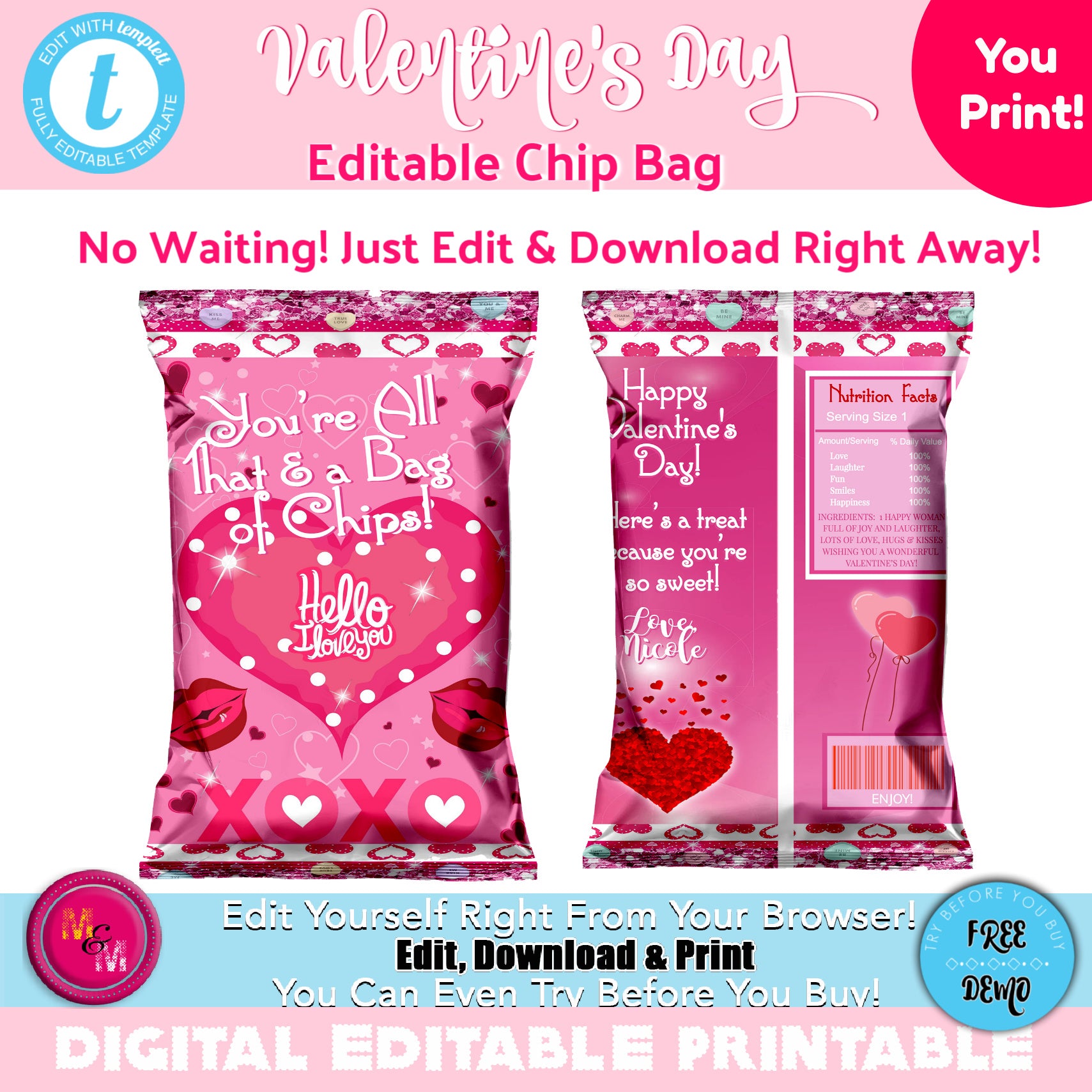 Editable Valentine's Day Chip Favor Bag , Valentine Candy Bags, Personalized Candy Bag
