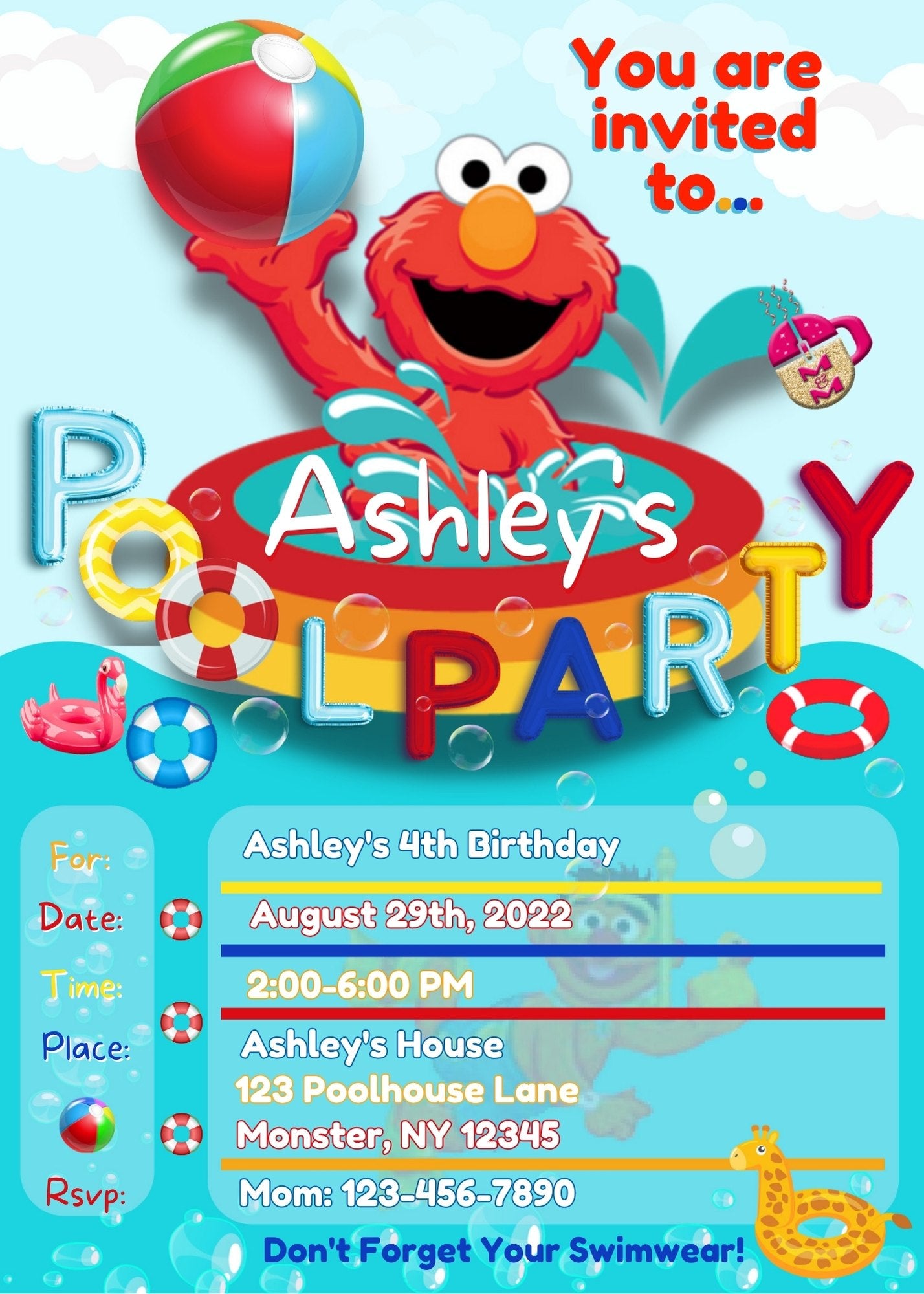 Red Furry Monster Pool Party Invitation , Monster Birthday  Invitation,  Monster Street, Edit With Canva