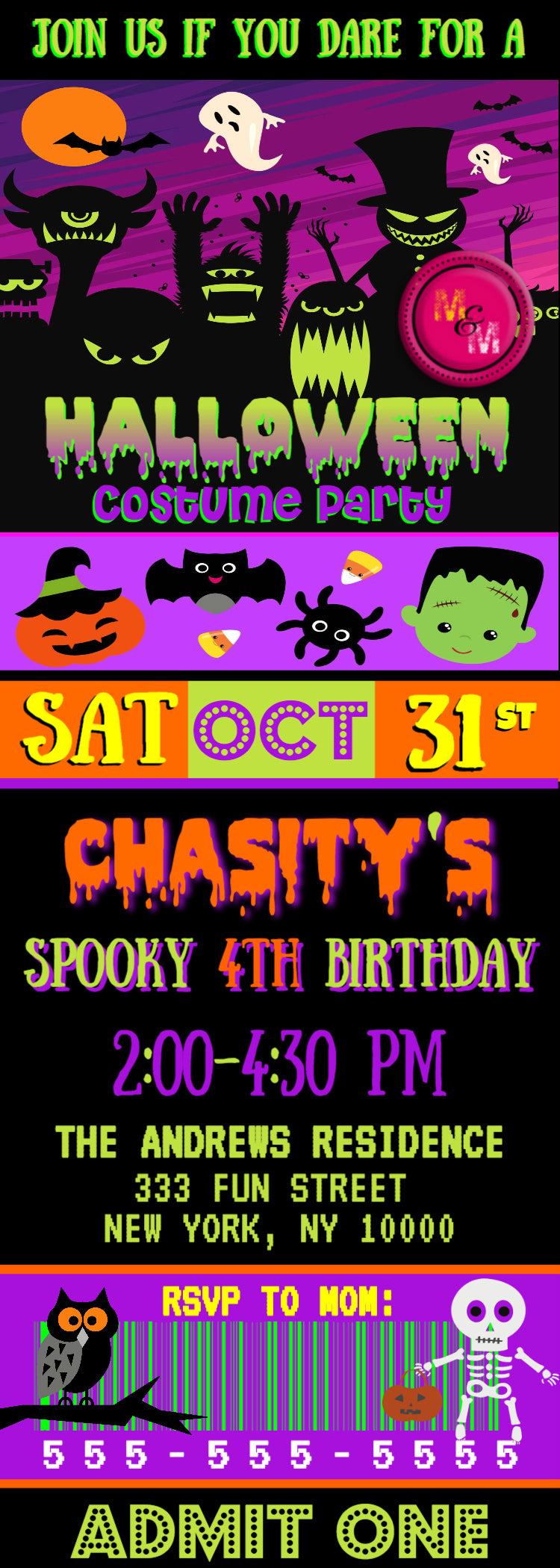 Editable Halloween Party Ticket Invitation Printable, Halloween cinema ticket invitation, Halloween Birthday Invite, Costume Party Invite - mugandmousedesigns