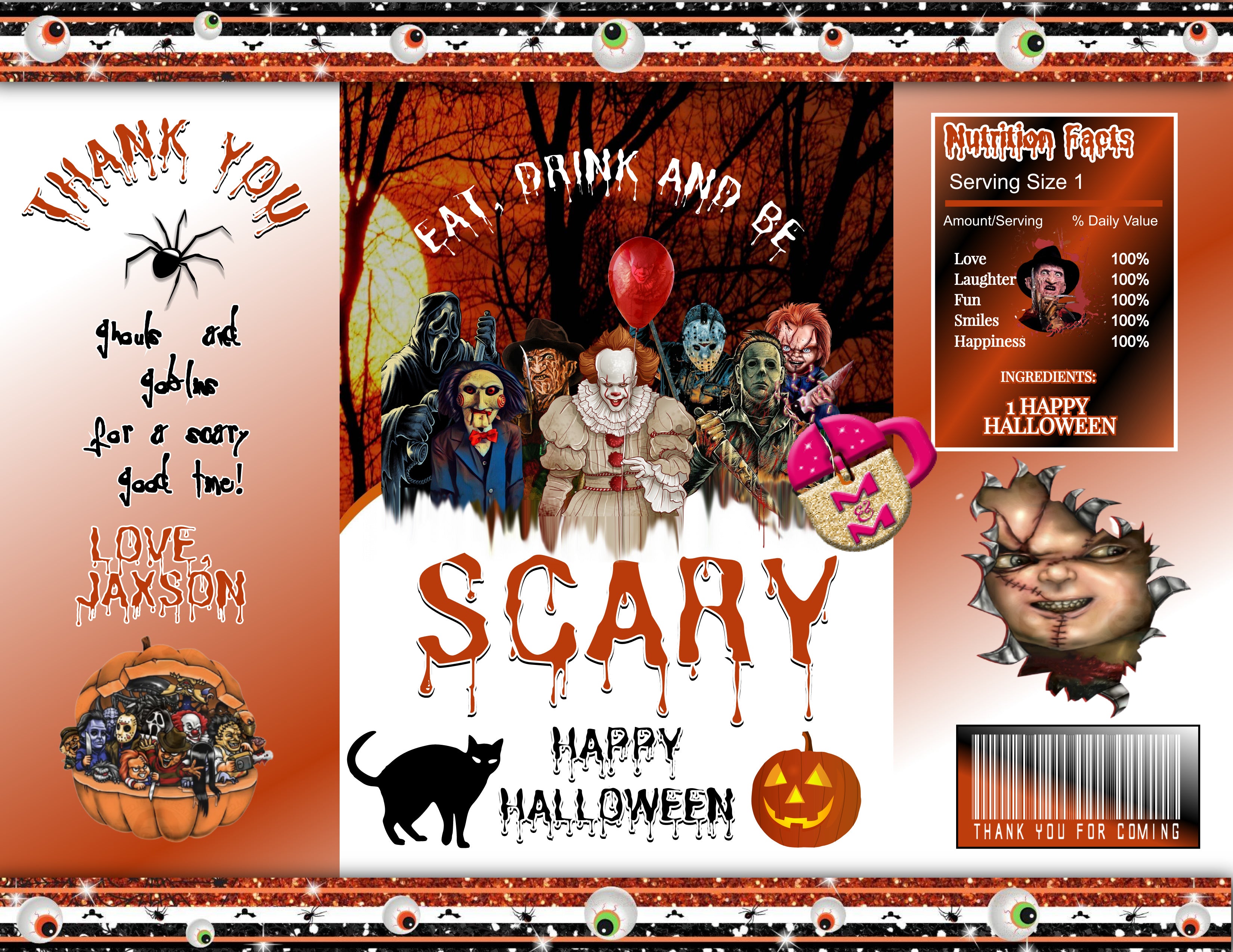 Editable Horror Movie Halloween Chip Bag Set, Horror Movie Party Favors