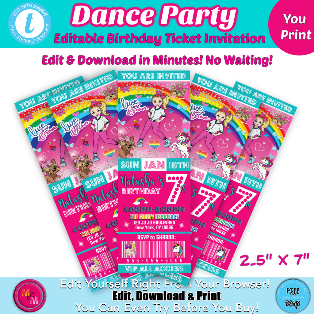 Editable Dance Party Birthday Party Ticket Invitation Printable, Dancer Ticket invitation, Edit with Templett