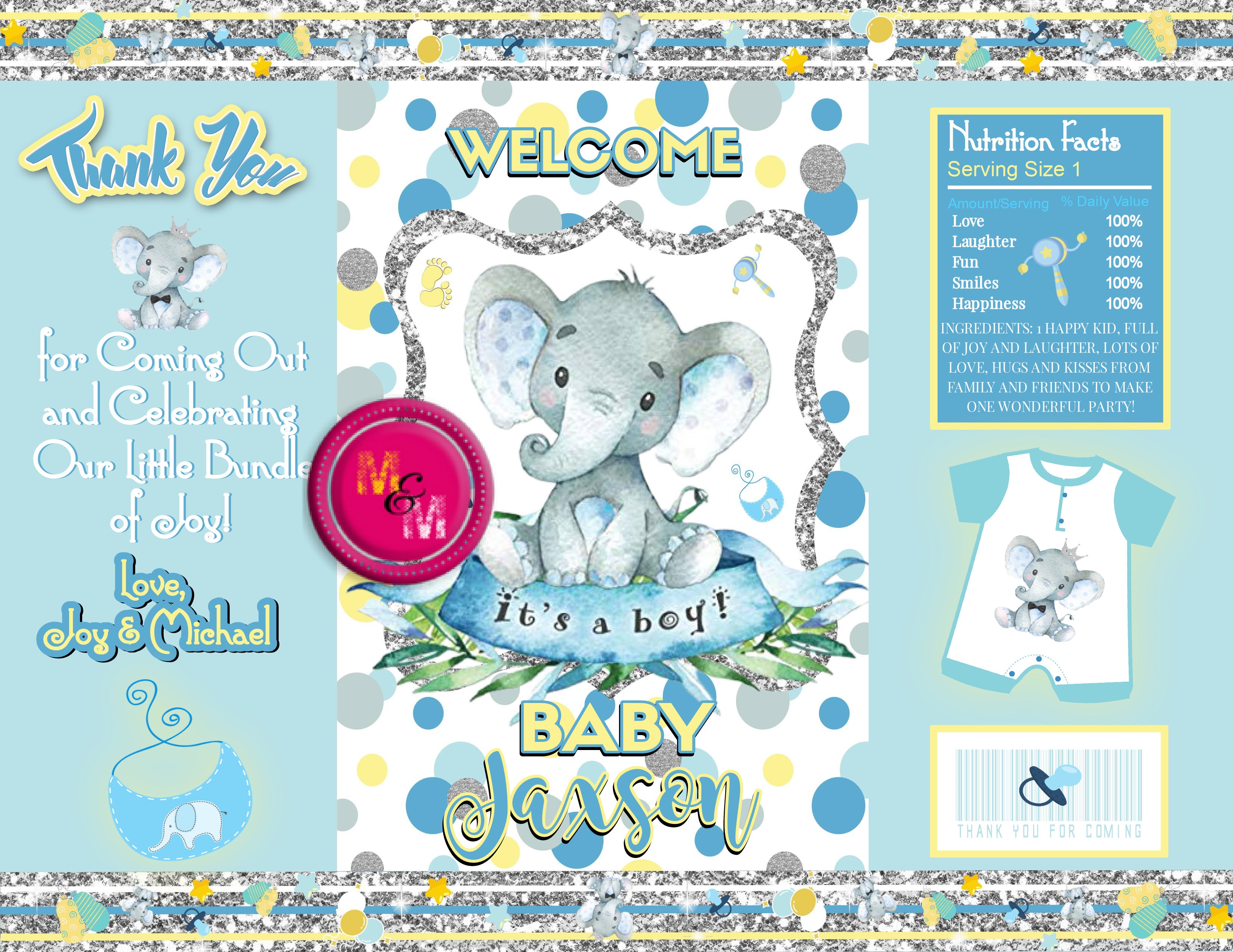 Editable Blue Lil Peanut Elephant Baby Shower Chip Bag Set, Elephant Water Bottle and Candy Bar Wrappers
