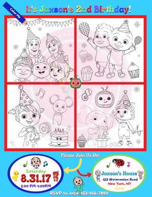 Editable Melon Kids Coloring Page Invitation, Melon Kids Invitation, Birthday Invitation Coloring Page