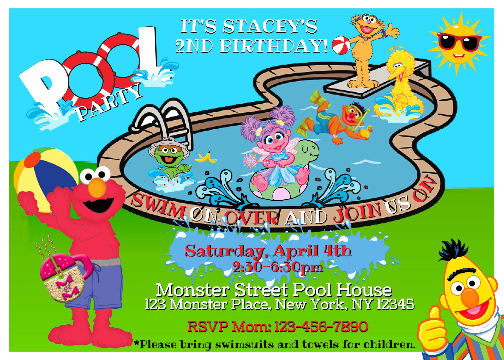 Editable Monster Pool Party Invitation Printable,  Swim Party Invite, Edit with Canva